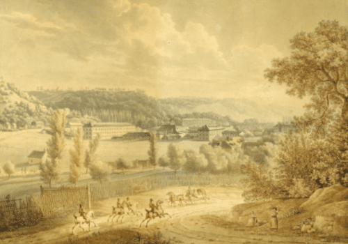 julie feray, la manufacture d'oberkampf à Jouy-en-Josas, 1811, Aquarelle, plume et encre brune sur papier, musée de la toile de jouy, inv. 009.4.1.1.