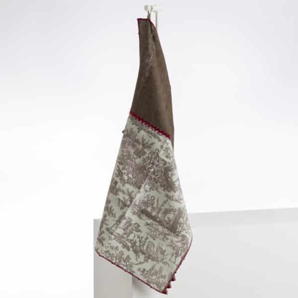 GRAND TORCHON BRODE "LE MEUNIER SON FILS ET L'ANE" CELADON