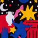 Une illustration abstraite vibrante aux formes audacieuses : une figure humaine bleue, des étoiles jaunes, un vase blanc et des accents rouges évoquent l'esprit ludique et coloré du musée de la Toile de Jouy. Des points blancs et un croissant de lune se détachent sur le fond noir. - Musée de la Toile de Jouy