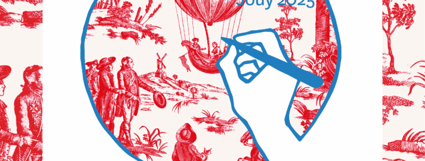 Affiche du Prix Toile de Jouy 2025 "Bulles de Jouy" au Musée de la Toile de Jouy, représentant un gros doigt touchant une montgolfière ornée de personnages anciens et de motifs textiles rouges. Les détails de l'événement en français mettent en valeur ce concours créatif. - Musée de la Toile de Jouy