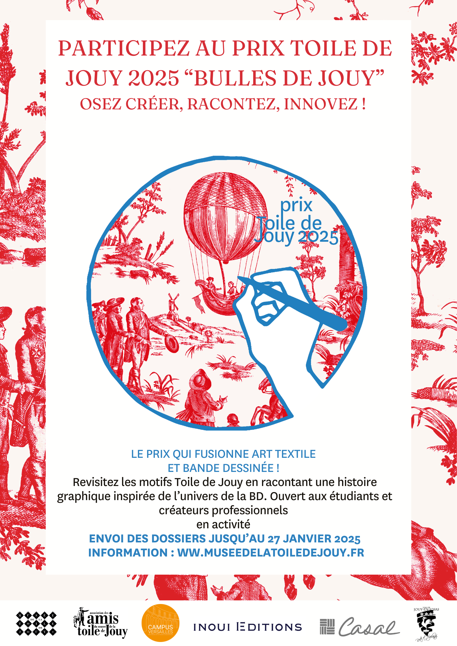 Affiche du Prix Toile de Jouy 2025 "Bulles de Jouy" au Musée de la Toile de Jouy, représentant un gros doigt touchant une montgolfière ornée de personnages anciens et de motifs textiles rouges. Les détails de l'événement en français mettent en valeur ce concours créatif. - Musée de la Toile de Jouy