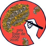 Une main tenant un pinceau colore un motif en forme de cerveau avec des motifs floraux jaunes sur un fond rouge. En dessous, "prix Toile de Jouy 2026" fait référence au Musée de la Toile de Jouy. - Musée de la Toile de Jouy