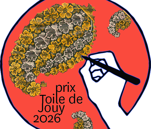 Une main tenant un pinceau colore un motif en forme de cerveau avec des motifs floraux jaunes sur un fond rouge. En dessous, "prix Toile de Jouy 2026" fait référence au Musée de la Toile de Jouy. - Musée de la Toile de Jouy