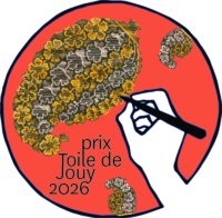 Une main tenant un pinceau colore un motif en forme de cerveau avec des motifs floraux jaunes sur un fond rouge. En dessous, "prix Toile de Jouy 2026" fait référence au Musée de la Toile de Jouy. - Musée de la Toile de Jouy