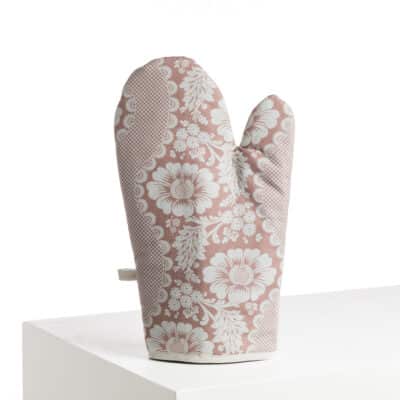 GANT DE CUISINE "FLEURS STYLISEES SUR MONTANTS ONDULANTS" ROSE POUDRE