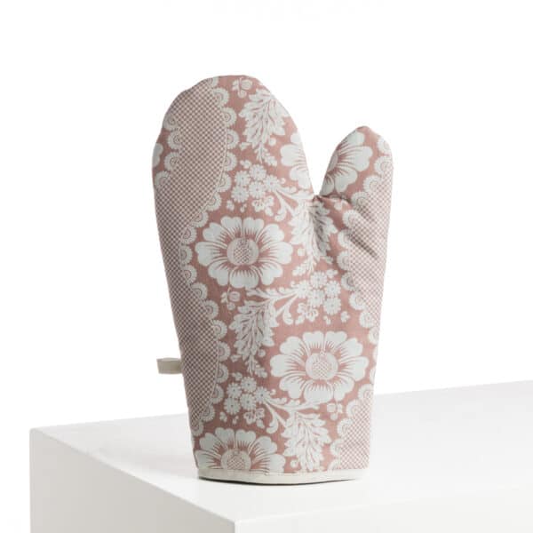 GANT DE CUISINE "FLEURS STYLISEES SUR MONTANTS ONDULANTS" ROSE POUDRE