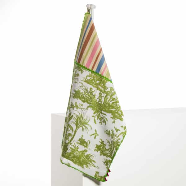 GRAND TORCHON BRODE "4 PARTIES DU MONDE" VERT JUNGLE