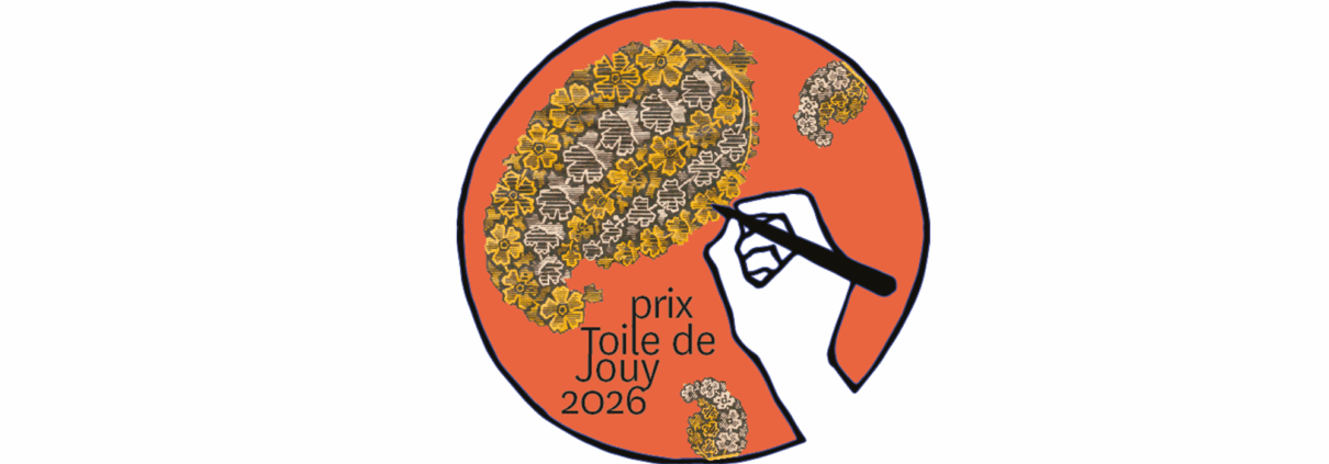 Une main tenant un stylo colorie un motif cachemire composé de livres et de fleurs jaunes sur un cercle orange. Le texte "Prix Toile de Jouy 2026" apparaît, célébrant la créativité et l'art. - Musée de la Toile de Jouy