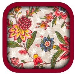 Motif floral coloré avec des fleurs rouges, jaunes et bleues et des feuilles vertes sur un fond clair, encadré par une bordure arrondie rouge foncé, inspiré des motifs du Musée de la Toile de Jouy. - Musée de la Toile de Jouy