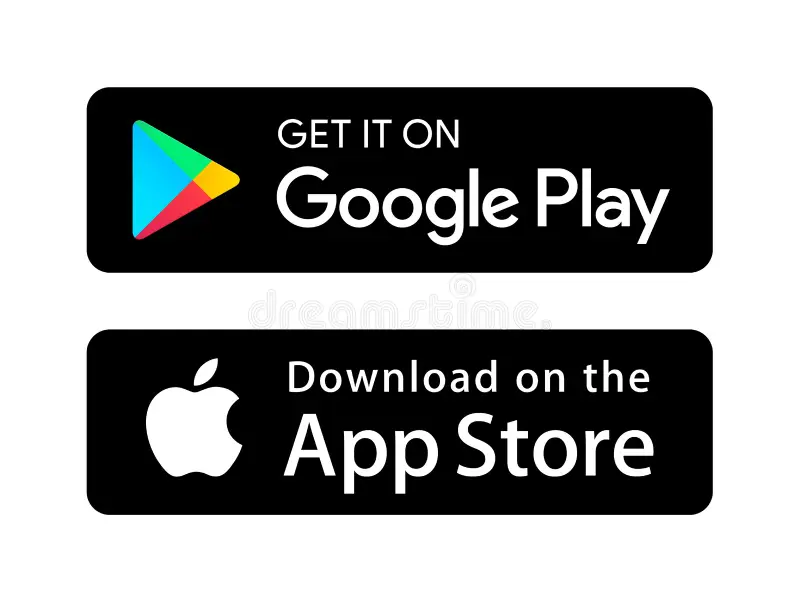 Deux boutons noirs : celui du haut comporte le logo Google Play et indique "Get it on Google Play" ; celui du bas comporte le logo Apple et indique "Download on the App Store". Tous deux apparaissent sur un fond blanc, parfait pour les visiteurs du Musée de la Toile de Jouy. - Musée de la Toile de Jouy