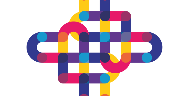 Un motif abstrait géométrique composé de bandes arrondies et entrelacées de couleur rose, jaune, violette et bleue forme un motif symétrique en forme de croix avec des sections qui se chevauchent et des extrémités circulaires, inspiré des motifs vus au Musée de la Toile de Jouy. - Musée de la Toile de Jouy