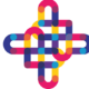 Un motif abstrait géométrique composé de bandes arrondies et entrelacées de couleur rose, jaune, violette et bleue forme un motif symétrique en forme de croix avec des sections qui se chevauchent et des extrémités circulaires, inspiré des motifs vus au Musée de la Toile de Jouy. - Musée de la Toile de Jouy
