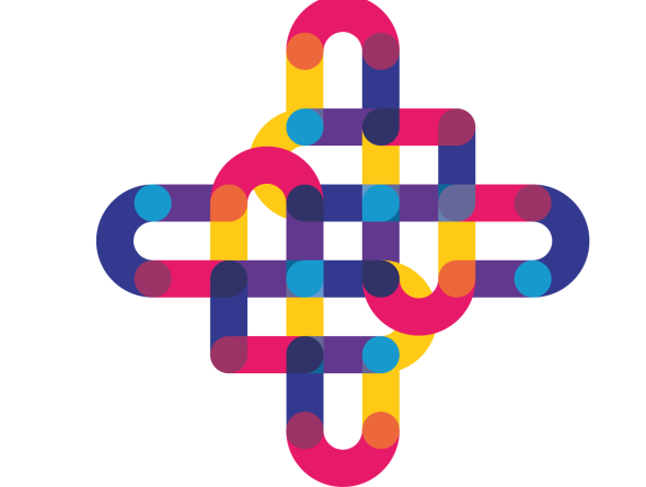 illus_1 Un motif abstrait géométrique composé de bandes arrondies et entrelacées de couleur rose, jaune, violette et bleue forme un motif symétrique en forme de croix avec des sections qui se chevauchent et des extrémités circulaires, inspiré des motifs vus au Musée de la Toile de Jouy. - Musée de la Toile de Jouy