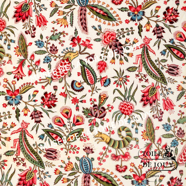 Motif floral et feuillu coloré sur fond clair, inspiré du style décoratif du Musée de la Toile de Jouy, comprenant des fleurs stylisées, des feuilles et des éléments fantaisistes en rouge, vert, bleu et jaune, avec une touche botanique vintage. - Musée de la Toile de Jouy
