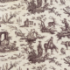 Motif de toile inspiré du musée de la Toile de Jouy, représentant des scènes pastorales avec des personnes montant des chevaux, gardant des troupeaux, ramant sur des bateaux et interagissant avec des animaux au milieu de ruines et d'arbres en marron sur un fond crème. - Musée de la Toile de Jouy