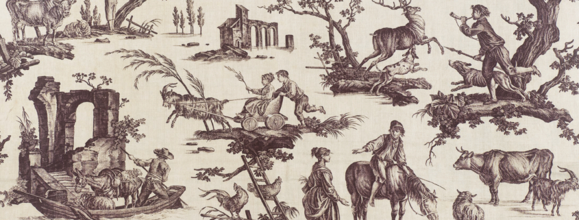 Motif de toile inspiré du musée de la Toile de Jouy, représentant des scènes pastorales avec des personnes montant des chevaux, gardant des troupeaux, ramant sur des bateaux et interagissant avec des animaux au milieu de ruines et d'arbres en marron sur un fond crème. - Musée de la Toile de Jouy