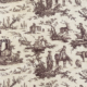 Un motif de toile, inspiré par le Musée de la Toile de Jouy, présente des scènes pastorales de personnes montant à cheval, gardant des animaux, faisant du bateau et des ruines, le tout illustré en marron foncé sur un fond clair. - Musée de la Toile de Jouy
