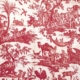 Toile rouge et blanche représentant des scènes pastorales, avec des personnages en costume du XVIIIe siècle, des animaux, des arbres et des activités rurales. Le motif complexe évoque le style classique célébré au Musée de la Toile de Jouy. Grand texte en filigrane sur l'image. - Musée de la Toile de Jouy