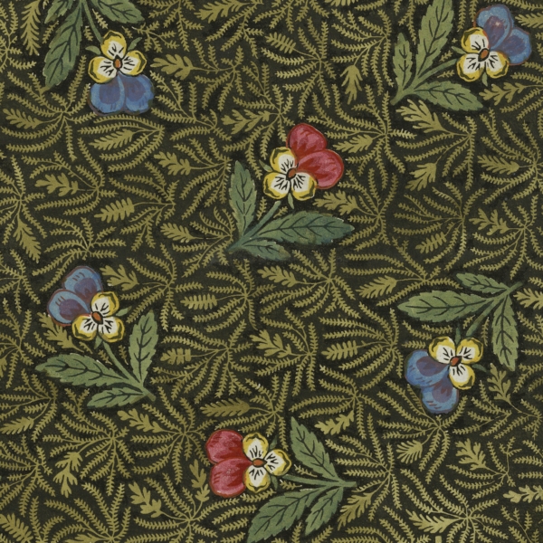 Un motif décoratif inspiré par le Musée de la Toile de Jouy, représentant des fleurs de pensées rouges, jaunes et bleues avec des feuilles vertes sur un fond dense et complexe de vignes vertes feuillues sur un fond sombre. - Musée de la Toile de Jouy