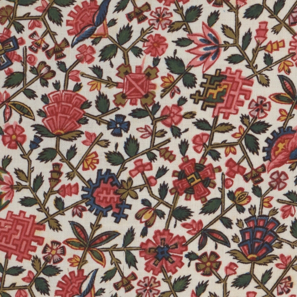 Motif floral complexe avec des fleurs roses, rouges et bleues, des feuilles vertes et des tiges torsadées sur un fond blanc, inspiré des motifs du Musée de la Toile de Jouy avec des formes géométriques et des éléments botaniques stylisés. - Musée de la Toile de Jouy