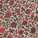 Motif floral complexe avec des fleurs roses, rouges et bleues, des feuilles vertes et des tiges torsadées sur un fond blanc, inspiré des motifs du Musée de la Toile de Jouy avec des formes géométriques et des éléments botaniques stylisés. - Musée de la Toile de Jouy