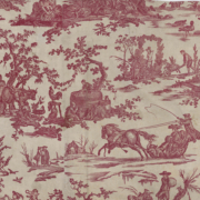 Toile de Jouy vintage présentant des illustrations rouges complexes sur fond crème, inspirées des motifs exposés au Musée de la Toile de Jouy, représentant des scènes pastorales avec des personnes, des animaux et la nature dans un style classique. - Musée de la Toile de Jouy