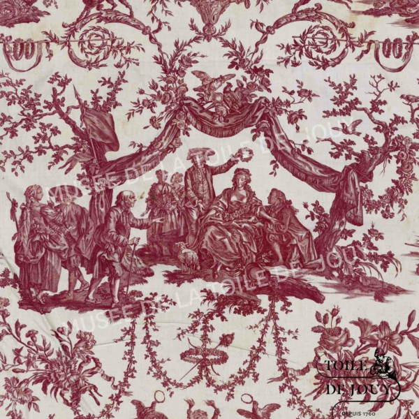 Motif de toile de Jouy rouge sur tissu blanc représentant une scène pastorale du XVIIIe siècle avec des personnages élégamment vêtus, des animaux et des arbres. Style français vintage classique inspiré du Musée de la Toile de Jouy, avec guirlandes et chérubins. - Musée de la Toile de Jouy