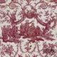 Motif de toile de Jouy rouge sur tissu blanc représentant une scène pastorale du XVIIIe siècle avec des personnages élégamment vêtus, des animaux et des arbres. Style français vintage classique inspiré du Musée de la Toile de Jouy, avec guirlandes et chérubins. - Musée de la Toile de Jouy
