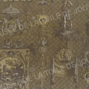 Tissu à motifs classiques - urnes, animaux, personnage debout avec une lance et médaillons décoratifs - dans des tons bruns et beiges atténués. La mention "Musée de la Toile de Jouy" est légèrement incrustée dans le dessin. - Musée de la Toile de Jouy