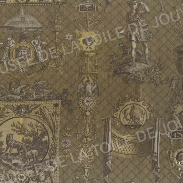 Tissu à motifs classiques - urnes, animaux, personnage debout avec une lance et médaillons décoratifs - dans des tons bruns et beiges atténués. La mention "Musée de la Toile de Jouy" est légèrement incrustée dans le dessin. - Musée de la Toile de Jouy