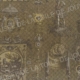Tissu à motifs classiques - urnes, animaux, personnage debout avec une lance et médaillons décoratifs - dans des tons bruns et beiges atténués. La mention "Musée de la Toile de Jouy" est légèrement incrustée dans le dessin. - Musée de la Toile de Jouy