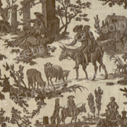 Motif de toile de Jouy vintage dans des tons sépia, inspiré de scènes célébrées au Musée de la Toile de Jouy, représentant des personnes cultivant la terre, s'occupant d'animaux et interagissant au milieu d'arbres, de bâtiments rustiques et d'eau dans un paysage pastoral. - Musée de la Toile de Jouy