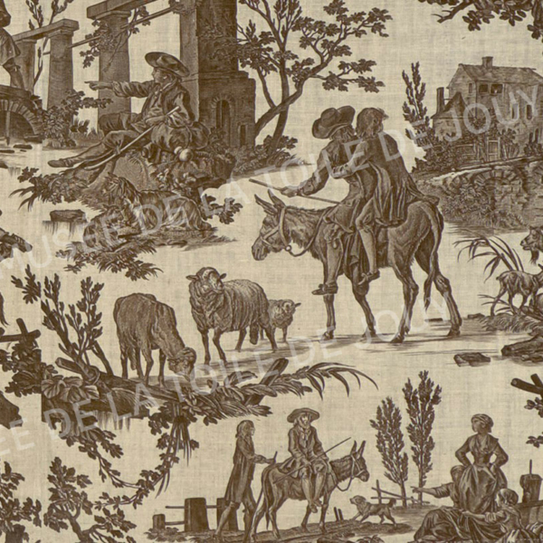 Motif de toile de Jouy vintage dans des tons sépia, inspiré de scènes célébrées au Musée de la Toile de Jouy, représentant des personnes cultivant la terre, s'occupant d'animaux et interagissant au milieu d'arbres, de bâtiments rustiques et d'eau dans un paysage pastoral. - Musée de la Toile de Jouy