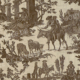 Motif de toile de Jouy vintage dans des tons sépia, inspiré de scènes célébrées au Musée de la Toile de Jouy, représentant des personnes cultivant la terre, s'occupant d'animaux et interagissant au milieu d'arbres, de bâtiments rustiques et d'eau dans un paysage pastoral. - Musée de la Toile de Jouy