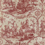 Motif traditionnel de toile de Jouy en rouge sur crème, inspiré des motifs du Musée de la Toile de Jouy, représentant des scènes pastorales avec des personnages, des animaux, des arbres et des architectures dans un design français complexe du XVIIIe siècle. - Musée de la Toile de Jouy