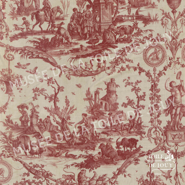 Motif traditionnel de toile de Jouy en rouge sur crème, inspiré des motifs du Musée de la Toile de Jouy, représentant des scènes pastorales avec des personnages, des animaux, des arbres et des architectures dans un design français complexe du XVIIIe siècle. - Musée de la Toile de Jouy