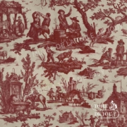 Une toile de Jouy vintage aux tons sépia représente des scènes rurales avec des gens qui dansent, travaillent et montent à cheval parmi les arbres et les maisons. Inspiré par les motifs du Musée de la Toile de Jouy, "Toile de Jouy" est imprimé dans le coin inférieur droit. - Musée de la Toile de Jouy