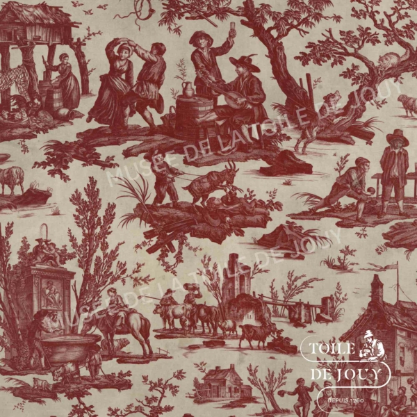 Une toile de Jouy vintage aux tons sépia représente des scènes rurales avec des gens qui dansent, travaillent et montent à cheval parmi les arbres et les maisons. Inspiré par les motifs du Musée de la Toile de Jouy, "Toile de Jouy" est imprimé dans le coin inférieur droit. - Musée de la Toile de Jouy