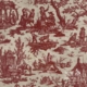 Une toile de Jouy vintage aux tons sépia représente des scènes rurales avec des gens qui dansent, travaillent et montent à cheval parmi les arbres et les maisons. Inspiré par les motifs du Musée de la Toile de Jouy, "Toile de Jouy" est imprimé dans le coin inférieur droit. - Musée de la Toile de Jouy