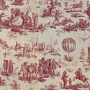 Toile illustrée inspirée par le Musée de la Toile de Jouy, présentant des scènes vintage rouges sur fond crème : des personnes lançant une montgolfière, des villageois avec des chevaux, une église et des groupes se réunissant en plein air. - Musée de la Toile de Jouy