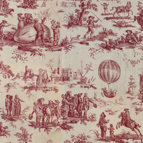 Toile illustrée inspirée par le Musée de la Toile de Jouy, présentant des scènes vintage rouges sur fond crème : des personnes lançant une montgolfière, des villageois avec des chevaux, une église et des groupes se réunissant en plein air. - Musée de la Toile de Jouy