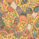 Motif floral coloré et complexe de style persan avec des formes superposées et festonnées remplies de fleurs, de feuilles et de motifs abstraits sur un fond jaune ; rappelant les textiles du Musée de la Toile de Jouy, un oiseau rose se dresse parmi les motifs. - Musée de la Toile de Jouy