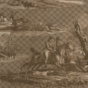 Toile de couleur sépia inspirée du Musée de la Toile de Jouy, présentant des scènes pastorales avec des chasseurs à cheval, des personnes accompagnées de chiens, des cerfs, des arbres, et un motif décoratif de treillis en losange sur le fond. - Musée de la Toile de Jouy
