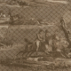Toile de couleur sépia inspirée du Musée de la Toile de Jouy, présentant des scènes pastorales avec des chasseurs à cheval, des personnes accompagnées de chiens, des cerfs, des arbres, et un motif décoratif de treillis en losange sur le fond. - Musée de la Toile de Jouy