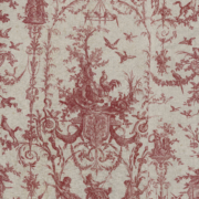 Motif de toile rouge et blanche représentant des scènes pastorales, des oiseaux, des arbres et des motifs tourbillonnants ornés, avec des chérubins et des médaillons. Les détails complexes évoquent un style vintage et classique inspiré par le Musée de la Toile de Jouy. - Musée de la Toile de Jouy