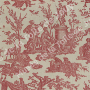 La toile rouge et blanche présente des scènes pastorales, avec des personnages et des enfants près d'arbres et de statues. D'un style complexe et ancien, elle évoque le charme du Musée de la Toile de Jouy, avec le texte "Toile de Jouy" en surimpression. - Musée de la Toile de Jouy