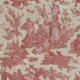 La toile rouge et blanche présente des scènes pastorales, avec des personnages et des enfants près d'arbres et de statues. D'un style complexe et ancien, elle évoque le charme du Musée de la Toile de Jouy, avec le texte "Toile de Jouy" en surimpression. - Musée de la Toile de Jouy
