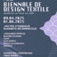 Affiche de la Biennale de Design Textile au Musée de la Toile de Jouy, qui s'est tenue du 9 avril au 1er juin 2025, présentant les créateurs et les détails de l'événement sur un fond géométrique violet. - Musée de la Toile de Jouy