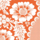 Motif floral blanc avec de grandes fleurs et feuilles stylisées sur un fond orange. Le motif, inspiré du Marché de l'Eglantine, présente de petites sections en damier et des lignes courbes pour un motif audacieux et complexe. - Musée de la Toile de Jouy