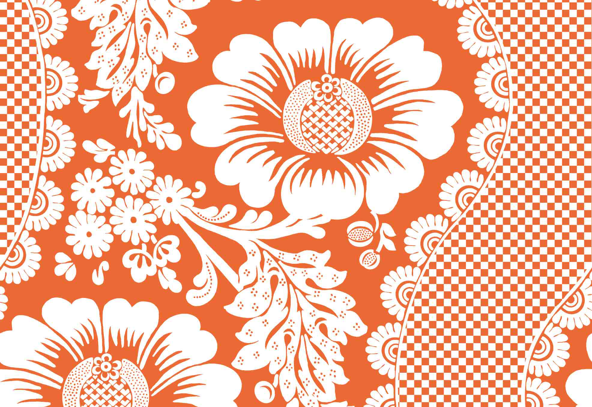 Motif floral blanc avec de grandes fleurs et feuilles stylisées sur un fond orange. Le motif, inspiré du Marché de l'Eglantine, présente de petites sections en damier et des lignes courbes pour un motif audacieux et complexe. - Musée de la Toile de Jouy